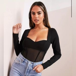 ASOS Black Corset Style Long Sleeve Mesh Bodysuit